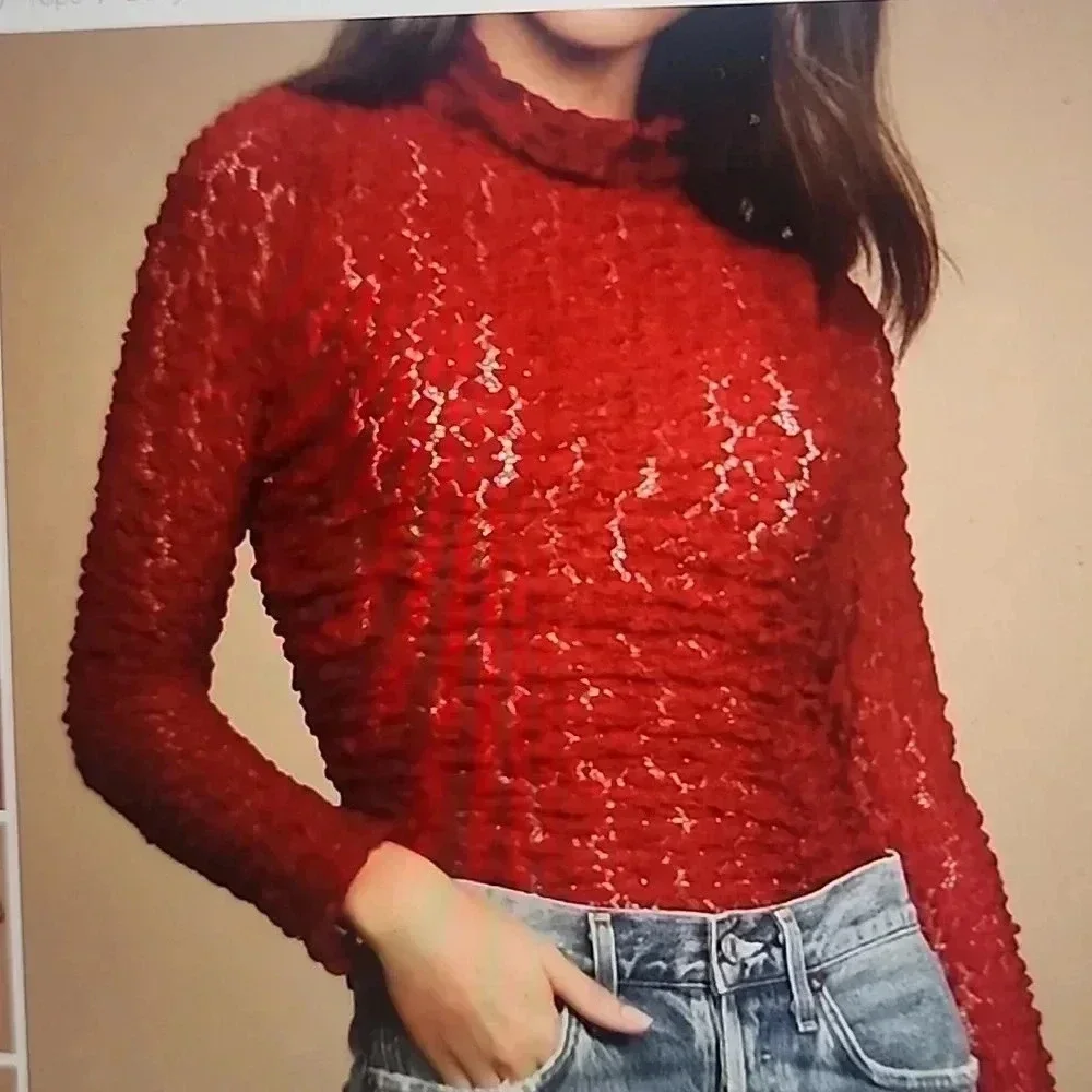 FREE PEOPLE SHEER LACE LONG SLEEVE BODYSUIT RED WINE SIZE S